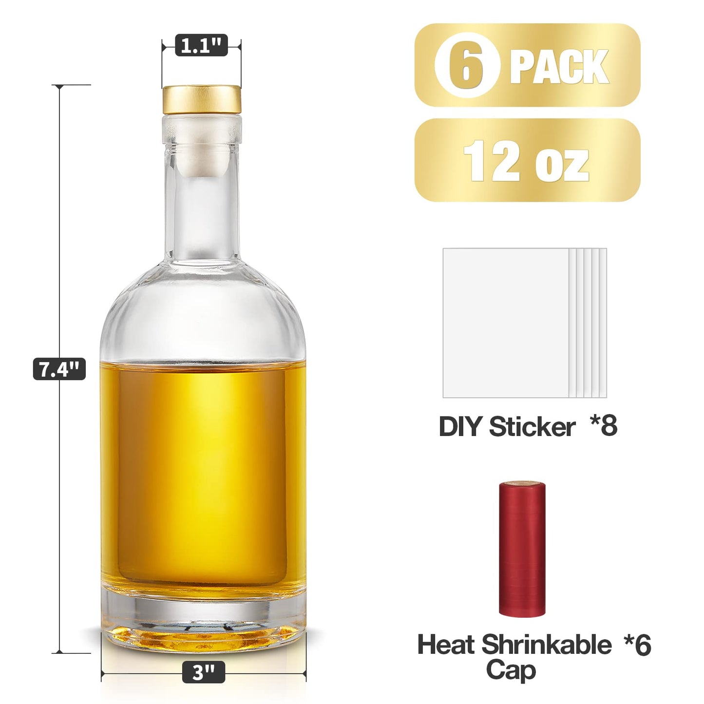 Mfacoy Set of 6 Glass Bottles, 12 oz Clear Liquor Bottles, Heavy Base Glass Bottles with T-Top Cap, Vodka Bottles for Wine Beverages Drinks Oil Vinegar Kombucha Beer with Cork Stopper Airtight Lid