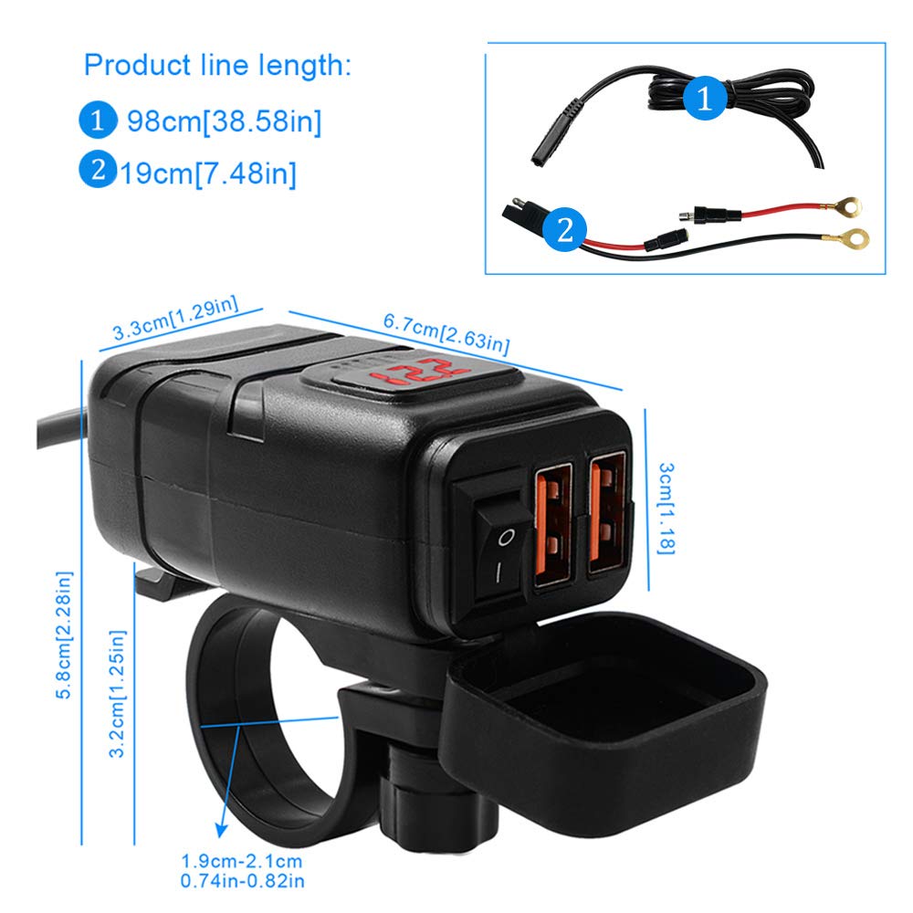 SAE to USB Adapter Motorcycle Handlebar Phone Charger Waterproof BUENNUS Smart Quick Charge 3.0 Easy Disconnect Power Outlet Plug with Voltage Meter Dual QC3.0 USB Charger
