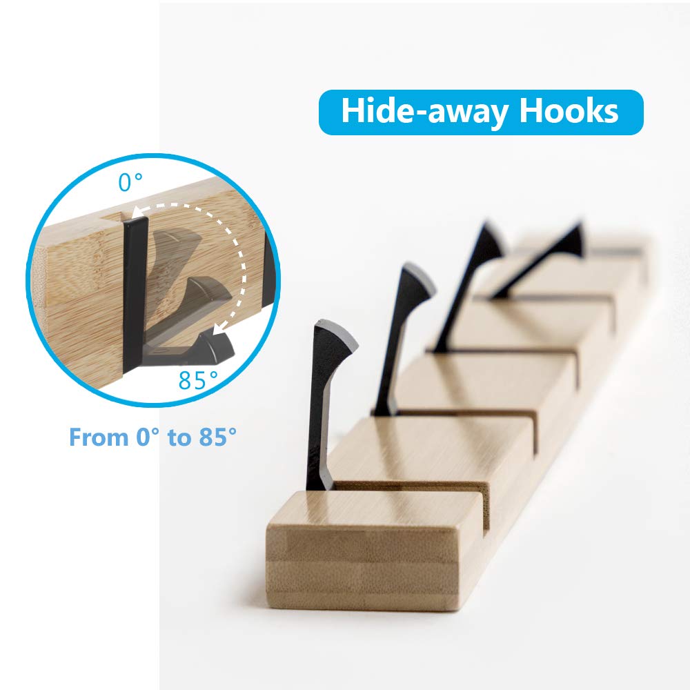 JSVER Wooden Coat Hooks Coat Rack Wall Mounted, Modern Coat Rack, Space-Saving Coat Hook with 4 Standard Retractable Hooks Hat Coat Hook for Entryway, Hallway, Bathroom, Living Room, Bedroom