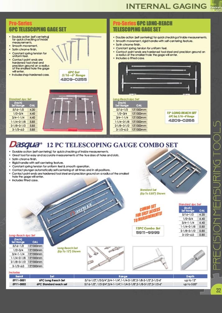 HHIP 4200-0255 6 Piece Telescoping Gage Set, 5/16-6"