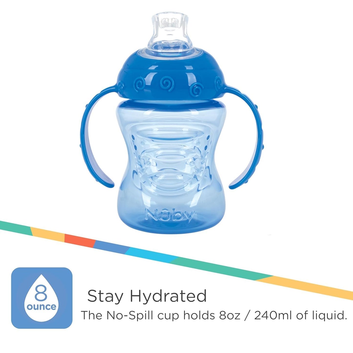 Nuby Plastic 2-Pack Tow-Handle No-Spill Super Spout Grip N' Sip Cup, 8oz, Blue and Green