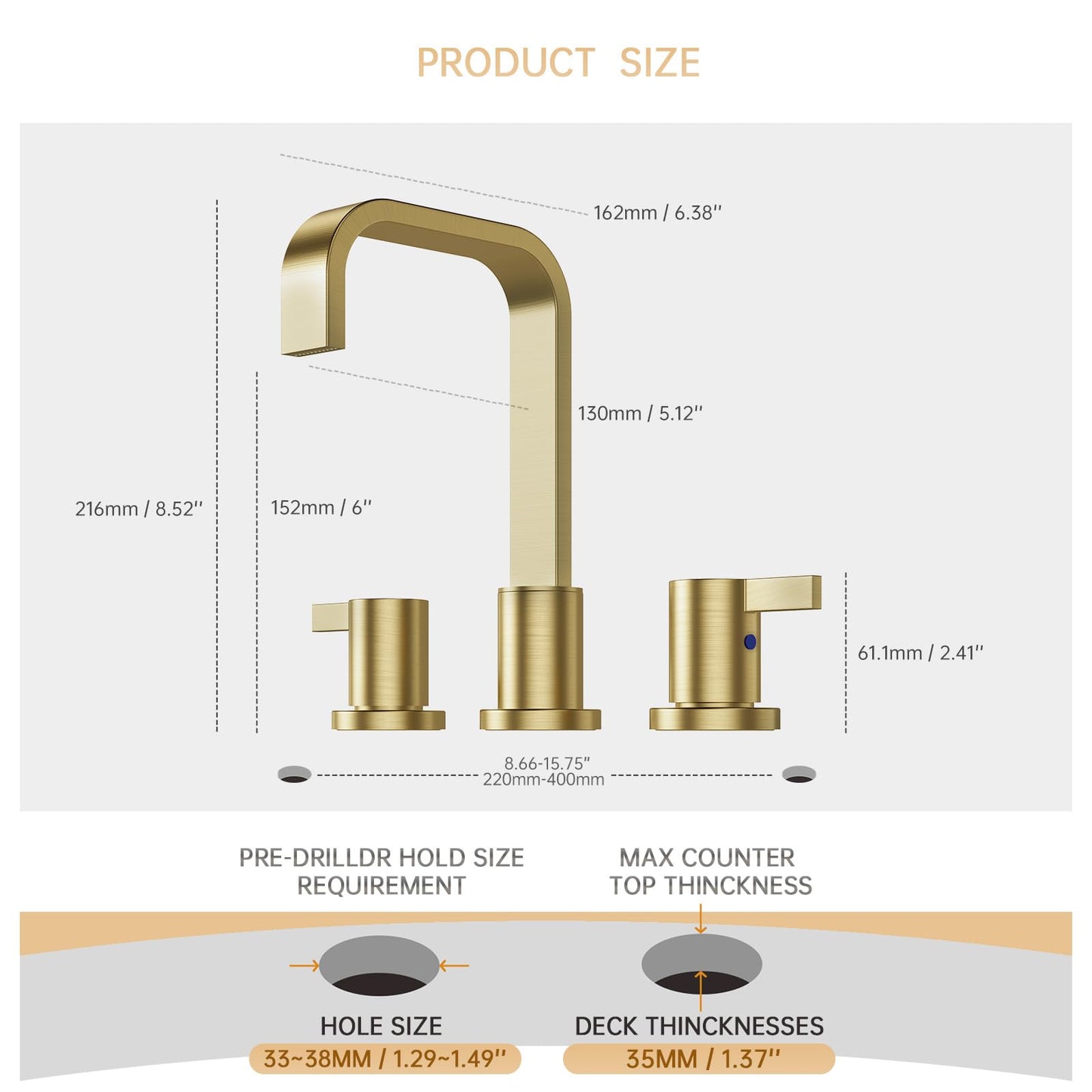 Phiestina Brushed Gold 8 Inch 3 Hole 2 Handle Waterfall Widespread Bathroom Sink Faucet, Bathroom Faucet with Metal Pop Up Drain and Water Supply Line, WF040B-1-BG