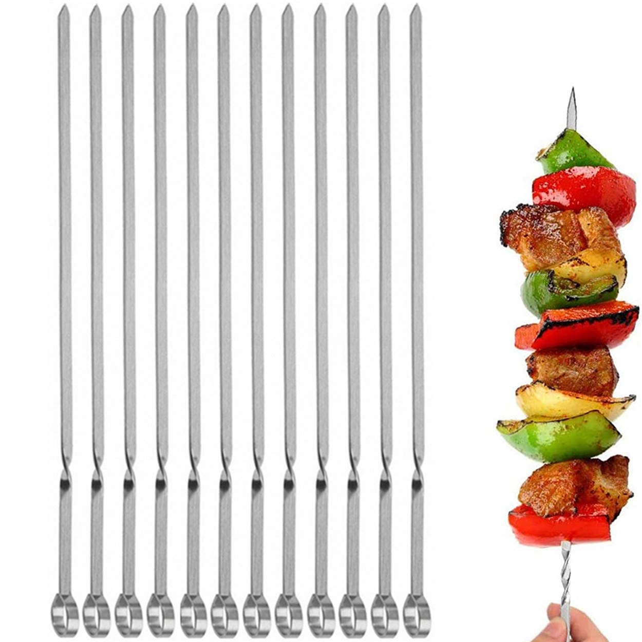 12PCS Kabob Skewers Flat Metal BBQ Barbecue Skewer 14" Long Stainless Steel Shish Kebob Sticks Wide Reusable Grilling Skewers Set for Meat Shrimp