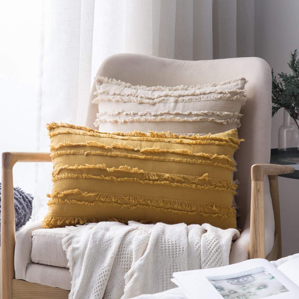 MIULEE Set of 2 Decorative Boho Throw Pillow Covers Linen Striped Jacquard Pattern Cushion Covers for Sofa Couch Living Room Bedroom 18x18 Inch Beige