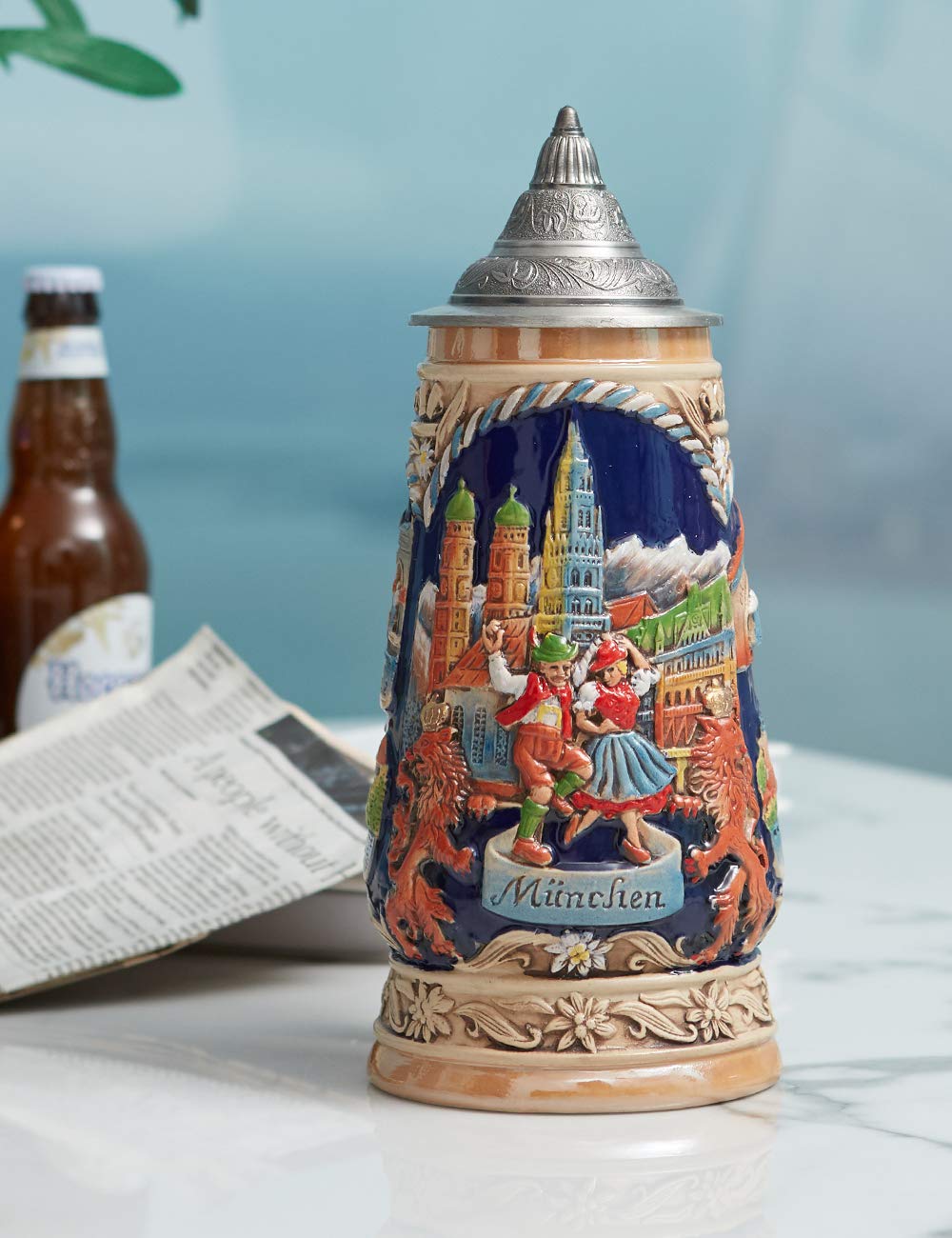 HAUCOZE Beer Stein Mug German Munich Bavarian Drinking Stanley Viking Tankard with Petwer Lid for Birthday Gifts Men Father Husband 1.0Liter