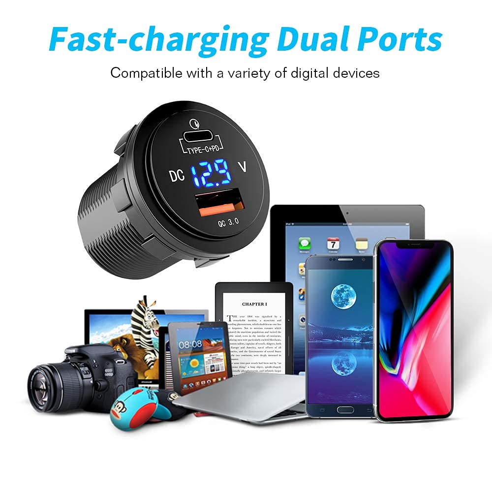 GemCoo 63W USB C Car Charger Socket, 45W PD Outlet 18W Quick Charge 3.0 USB Charger Socket, USB Cigarette Lighter Socket with LED Voltmeter Car USB Port 12V Socket for Car RV Boat Marine Truck Golf