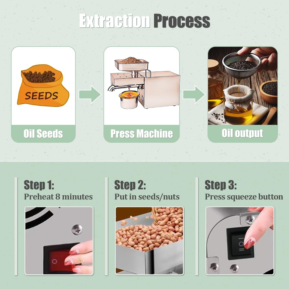 Kitchen Oil Press Machine Electric Automatic Oil Press Extractor Organic Oil Expeller for Avocado Coconut Flax Peanut Castor Perilla Seed Canola Sesame Commercial Grade1500W