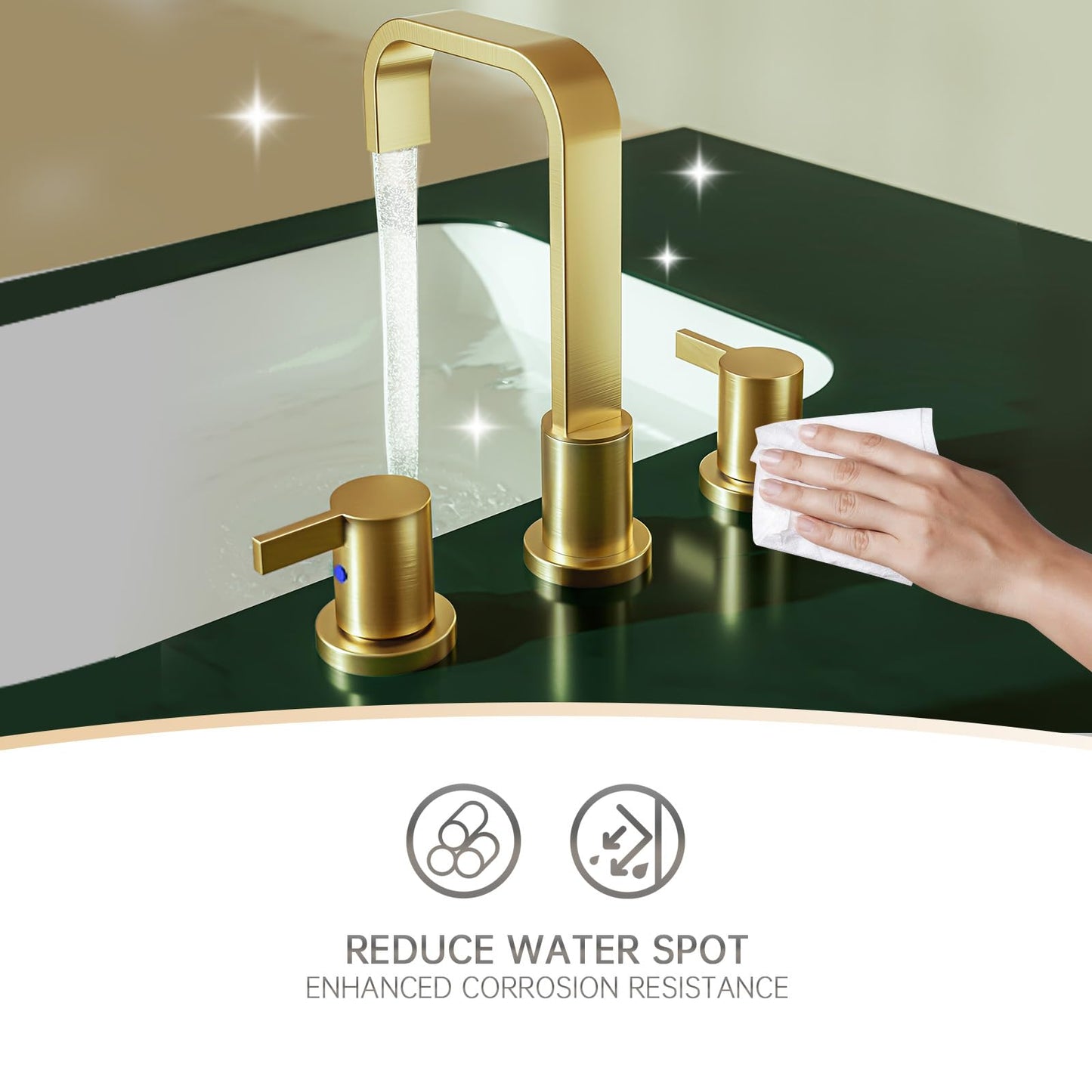 Phiestina Brushed Gold 8 Inch 3 Hole 2 Handle Waterfall Widespread Bathroom Sink Faucet, Bathroom Faucet with Metal Pop Up Drain and Water Supply Line, WF040B-1-BG