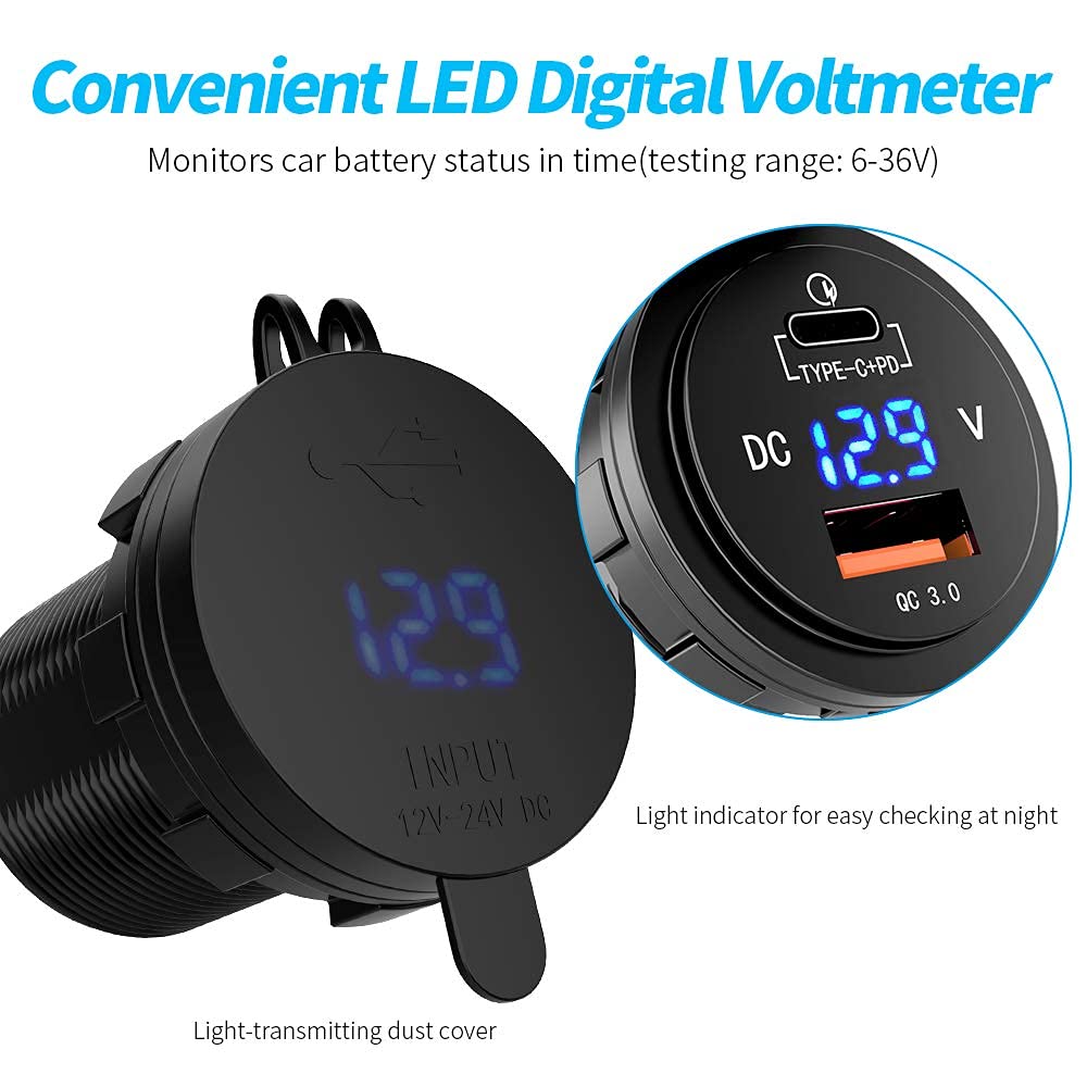 GemCoo 63W USB C Car Charger Socket, 45W PD Outlet 18W Quick Charge 3.0 USB Charger Socket, USB Cigarette Lighter Socket with LED Voltmeter Car USB Port 12V Socket for Car RV Boat Marine Truck Golf