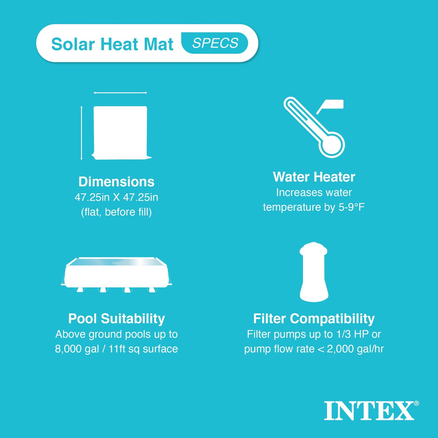 Intex 28685E 47 Inch x 47 Inch Solar Pool Water Heater Mat for 8,000 Gallon Above Ground Swimming Pool with Hose Attachment and Adaptors, Black
