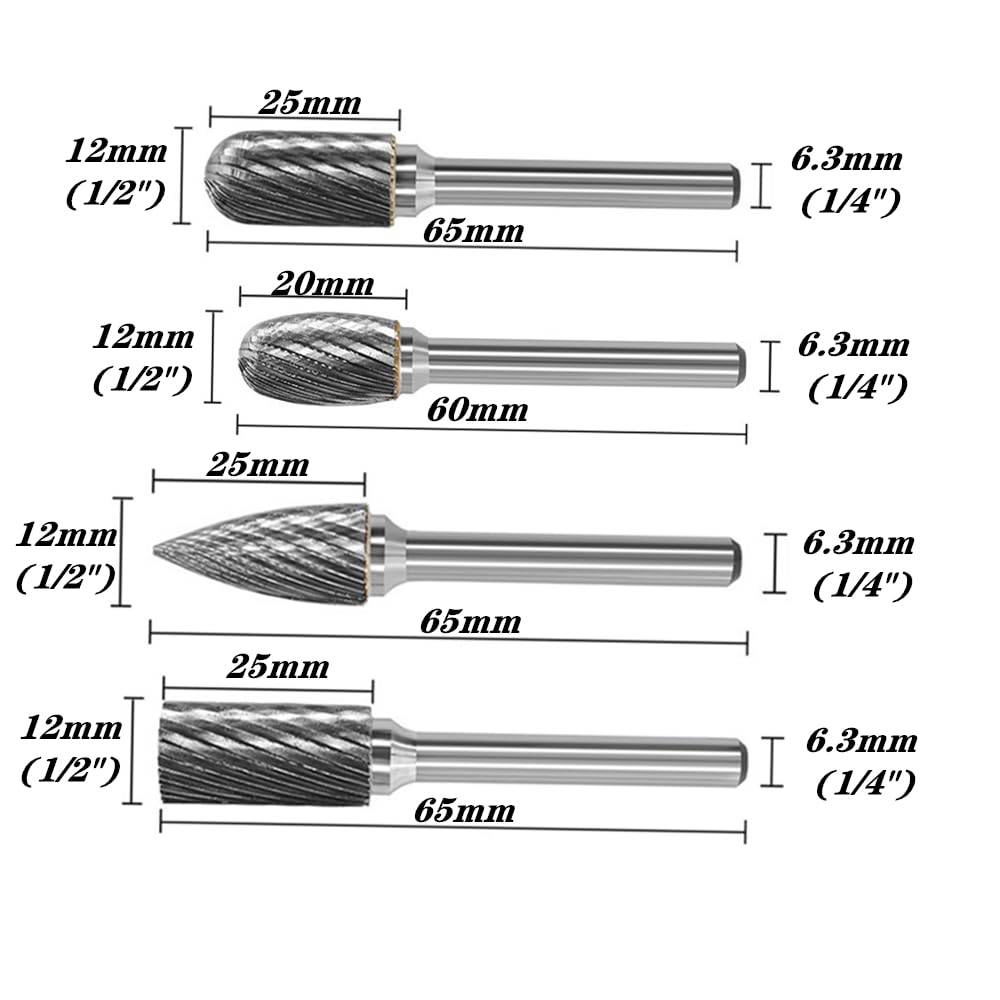 KangTeer Carbide Burrs 4pcs 12mm Dia 1/4" Shank Single Cut Tungsten Carbide Rotary File Cutting Burs Tool Rotary Drill Die Grinder Bits (4x1/4)