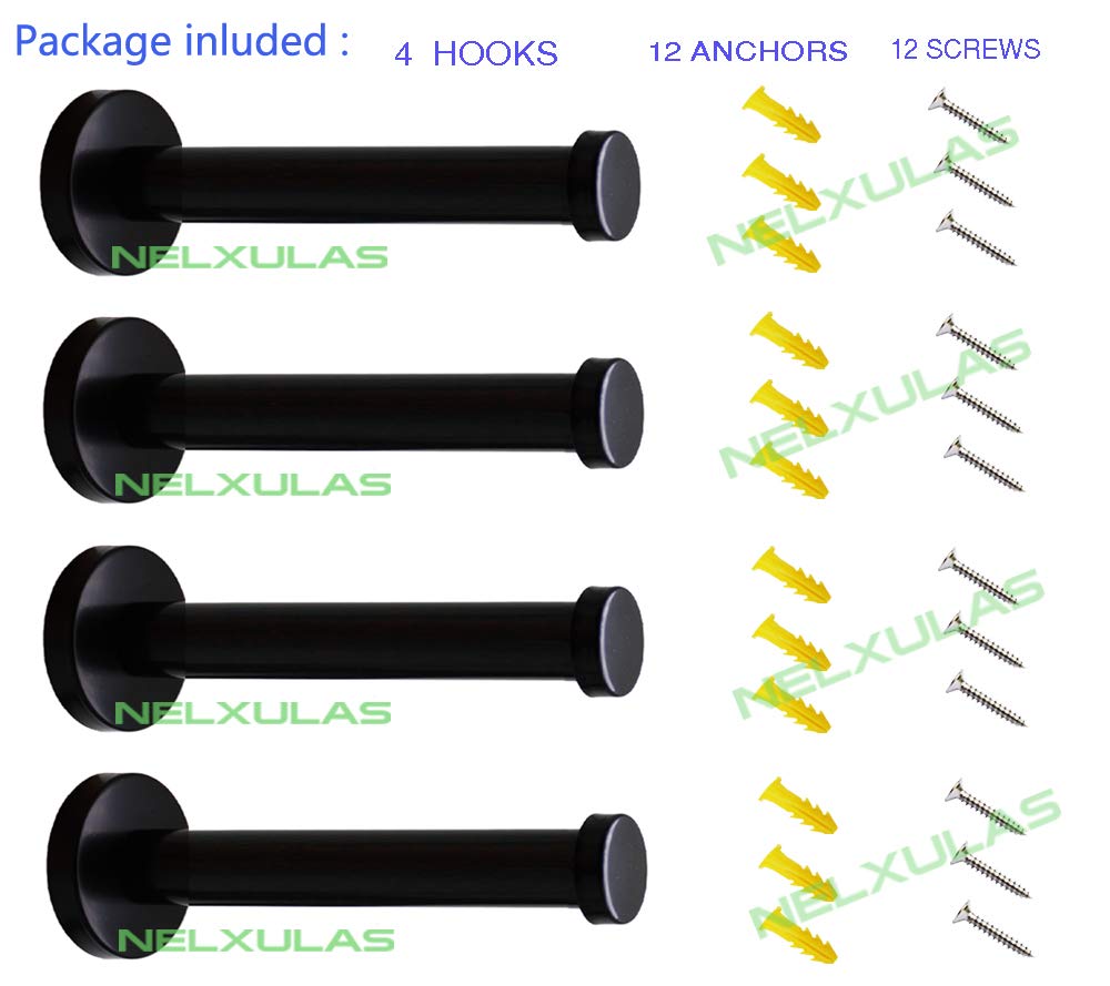 NELXULAS Classic Black Stainless Steel Heavy Duty Wall Mount Hooks, Bath Towel Hooks, Coat Hanger, Handbag Hooks, 4 in Pack (6")