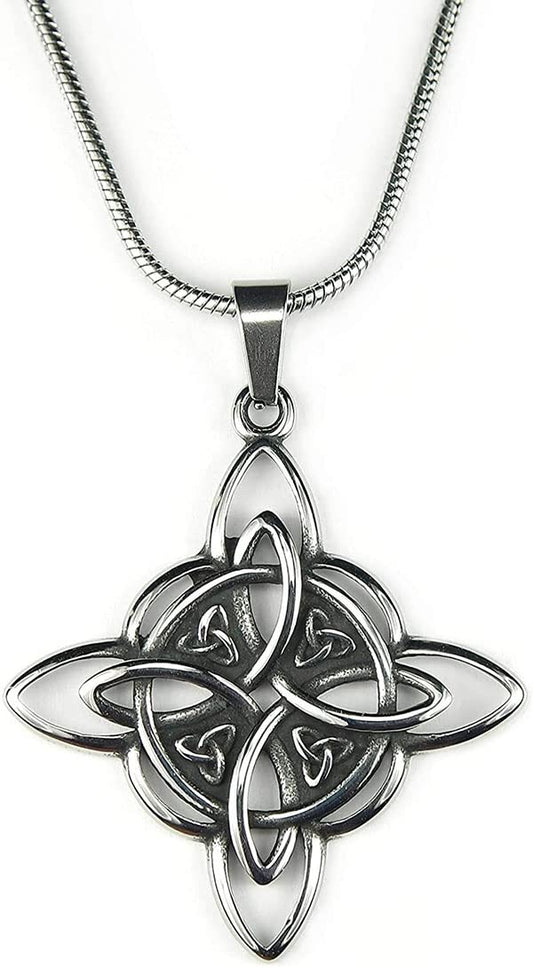 Ltiomert Ann Claridge Witches Knot Necklace, with 18" Snake chain, Witch's Star the Magic Knot Wiccan Pendant 4-Pointed Celtic Star Charm Triquetra Wicca Magick Pure Stainless