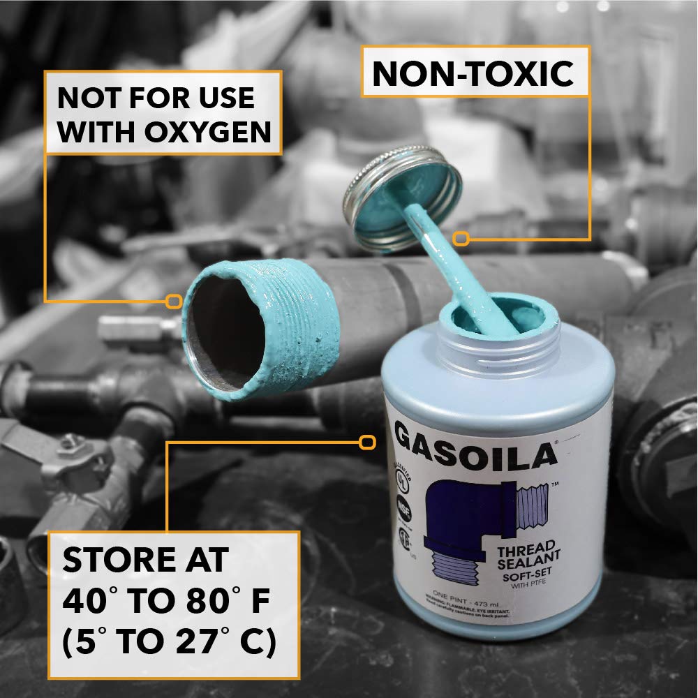 Gasoila Soft-Set Pipe Thread Sealant with PTFE Paste, Non Hardening, -100 to 600 Degree F, 1/2 Pint Brush, Blue