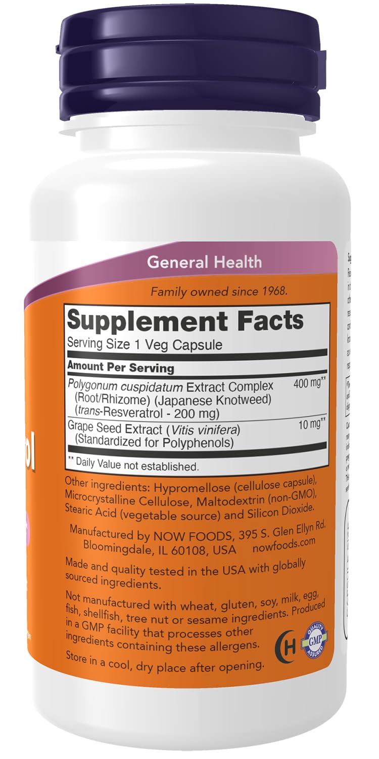 NOW Foods Supplements, Natural Resveratrol 200 mg with Red Wine Extract, 60 Veg Capsules
