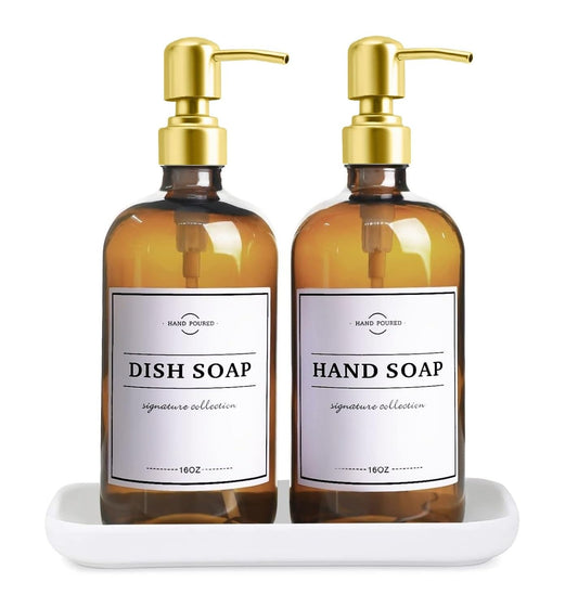 Glass Soap Dispenser with Pump and Tray - Refillable Amber Soap Dispenser Bottles Used for Hand Soap, Dish Soap, Lotion - Vintage Soap Dispenser Bathroom and Kitchen Set (Amber Bottles; Gold Pumps)