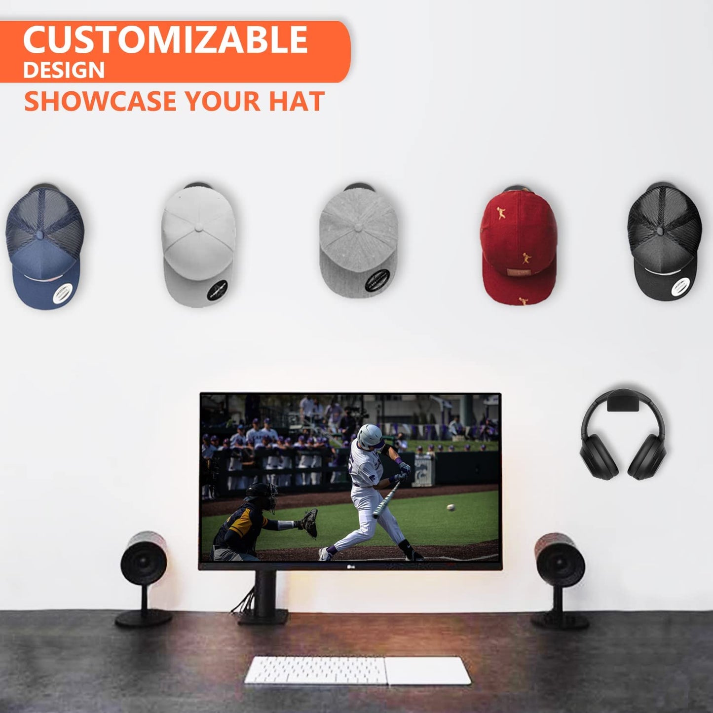 CANRAY Adhesive Hat Hooks for Baseball Caps Cap Holder for Wall Mount, Hat Rack Organizer | No Drilling | Stick On | 10-Pack (Black)