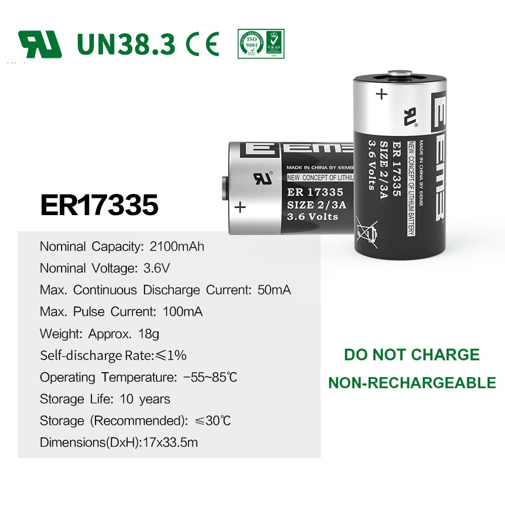 EEMB ER17335 2/3A Size 3.6V Lithium Battery Li-SOCL₂ Non-Rechargeable Battery 2100mAh UL Certified Single-Use for Meter Sensor Movement Monitor/Home Security System/Alarm System