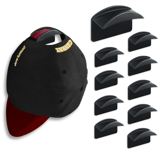 CANRAY Adhesive Hat Hooks for Baseball Caps Cap Holder for Wall Mount, Hat Rack Organizer | No Drilling | Stick On | 10-Pack (Black)