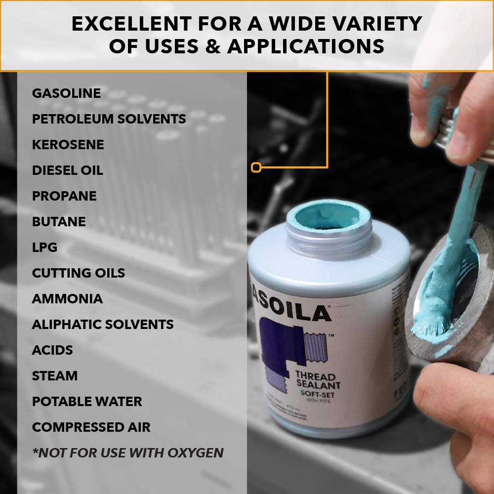 Gasoila Soft-Set Pipe Thread Sealant with PTFE Paste, Non Hardening, -100 to 600 Degree F, 1/2 Pint Brush, Blue