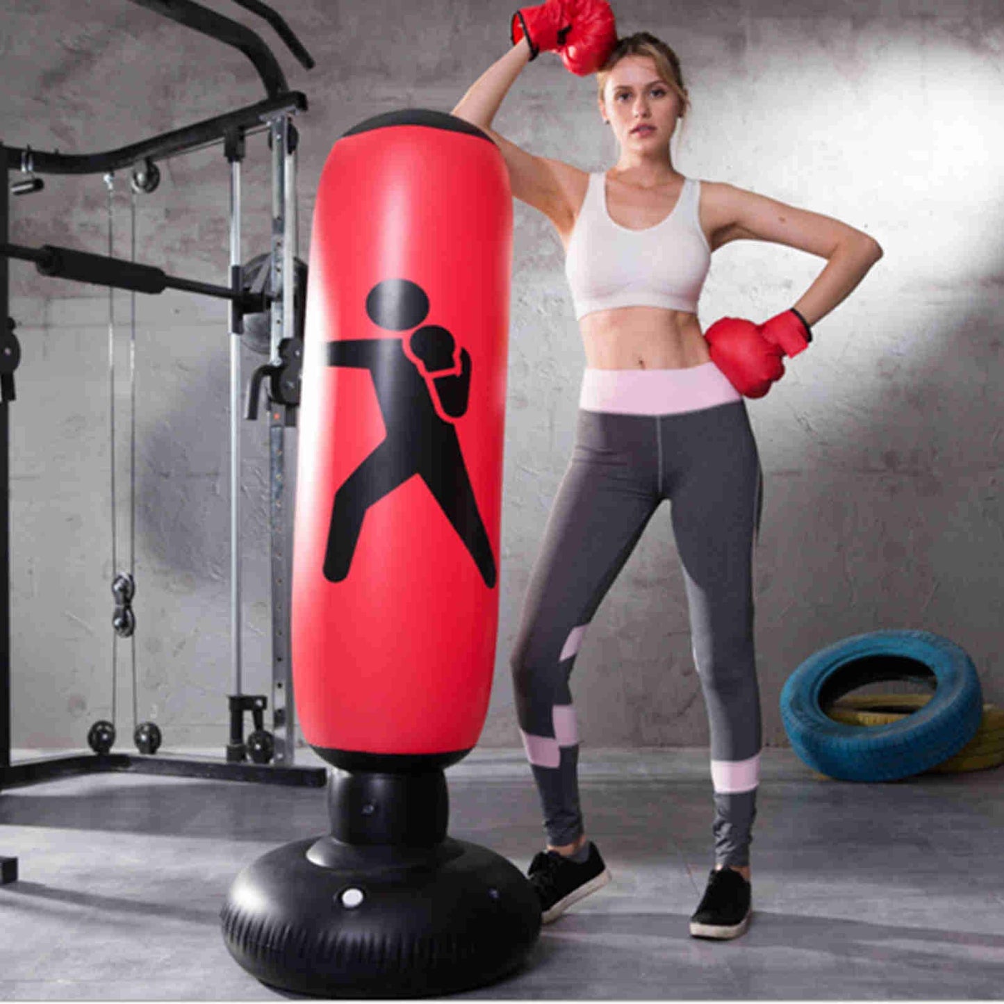 Shlia 62.4-Inch Inflatable Boxing Column Vertical Adult Inflatable Boxing Punching Bags Inflatable Tumbler (Includes PU Leather Adult Boxing Gloves and 4-inch Foot Pump.) (Black)