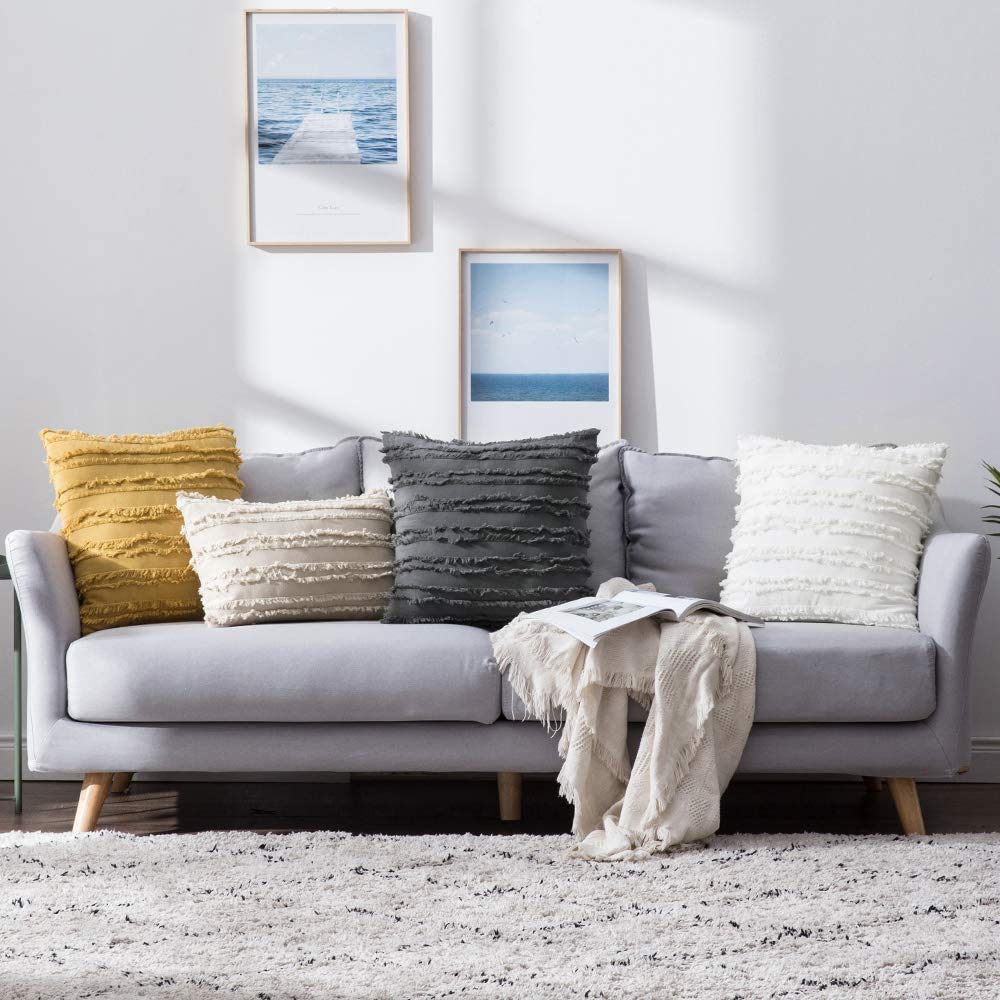 MIULEE Set of 2 Decorative Boho Throw Pillow Covers Linen Striped Jacquard Pattern Cushion Covers for Sofa Couch Living Room Bedroom 18x18 Inch Beige