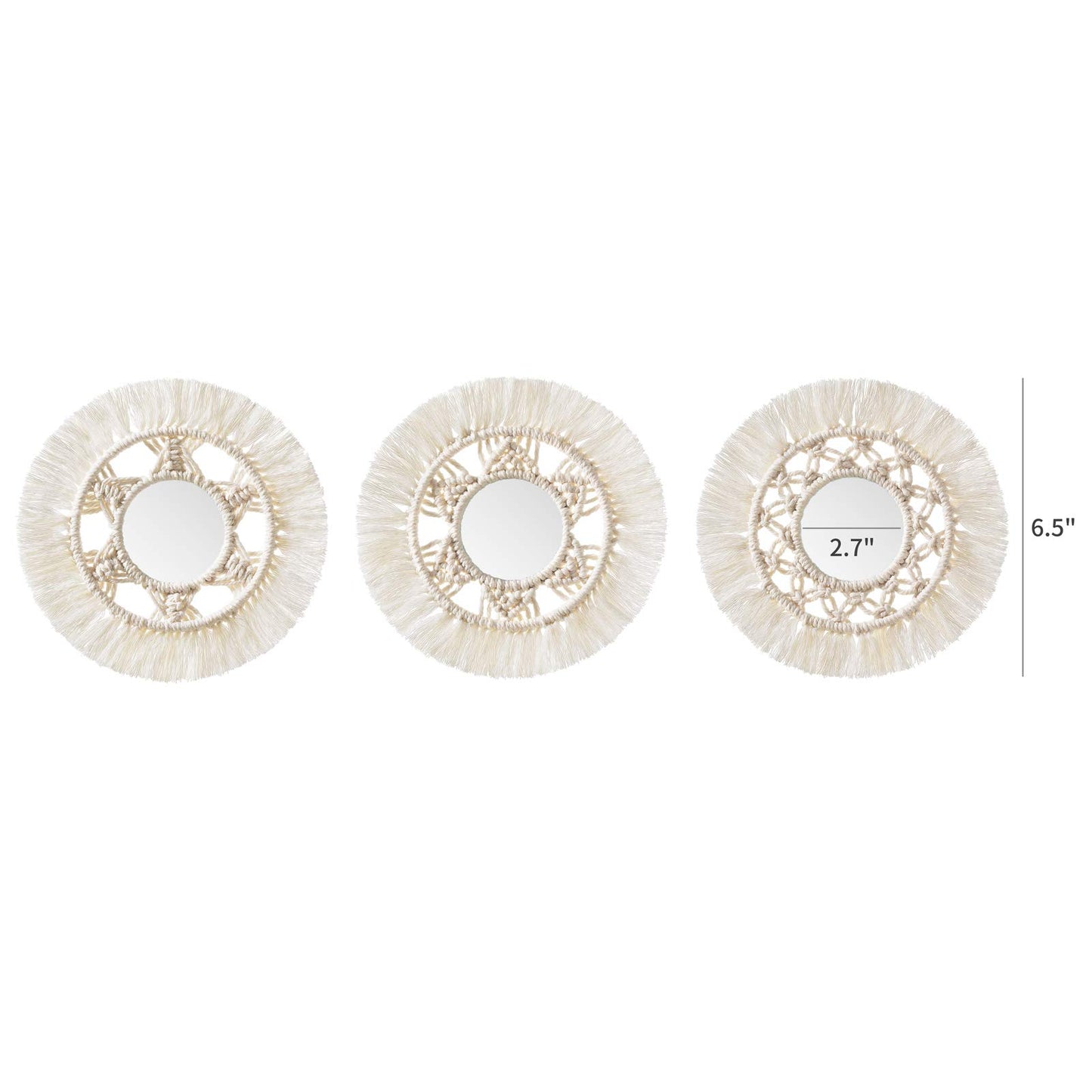 Mkono Mini Round Wall Mirror with Macrame Fringe Set of 3 Small Wall Hanging Circle Mirror Boho Home Decor for Apartment Living Room Bedroom Baby Nursery,Beautiful Gift Ideas, 2.7''D, X-Small