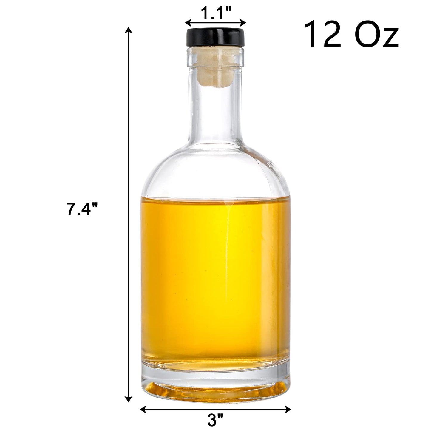 Hacaroa Set of 6 Glass Liquor Bottles with T-Top Caps, 12 Oz Clear Bordeaux Wine Bottles, Heavy Base Vodka Bottles Home Brewing Bottles for Kombucha, Beverages, Juice, Oils