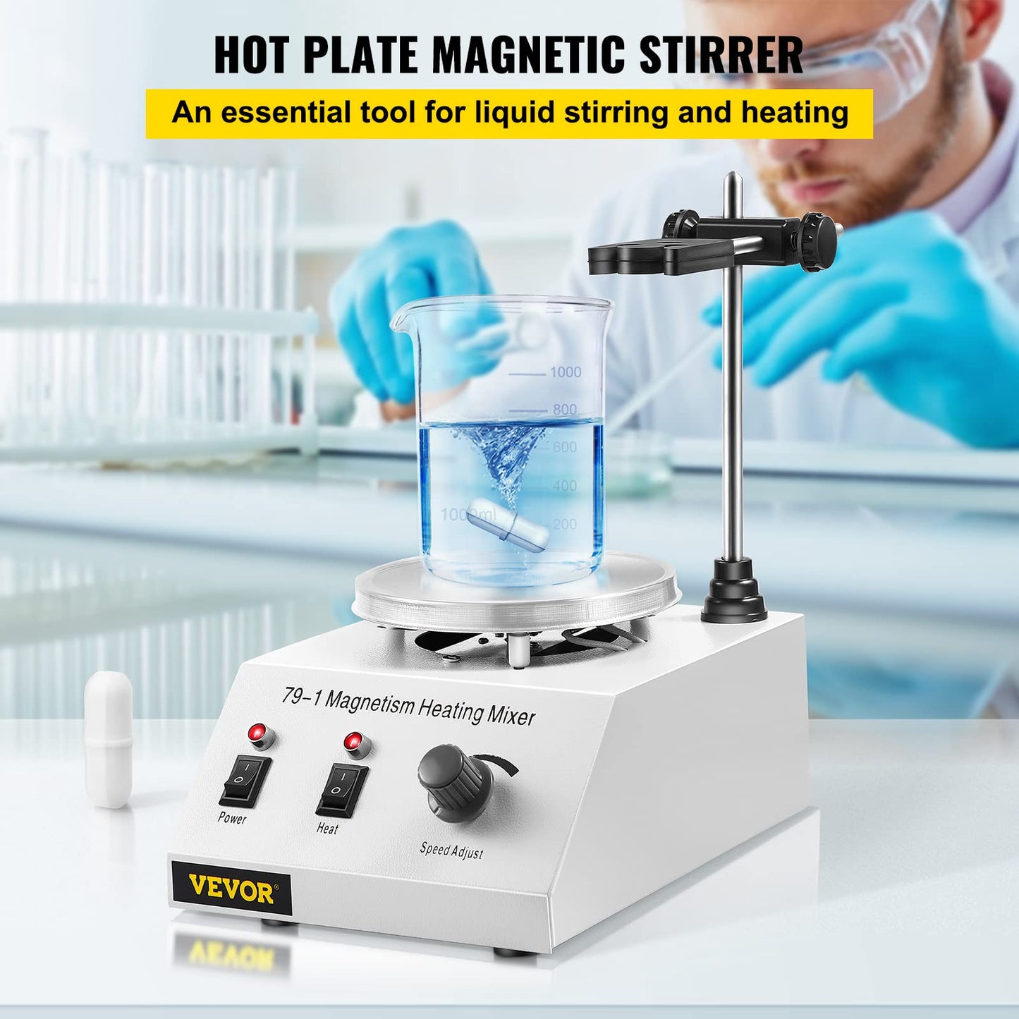 Happybuy Magnetic Stirrer 250W 158℉/70℃ Heating Hot Plate with Magnetic Stirrer 0-1600 RPM Adjustable 1000ML Lab Magnetic Stirrer Mixer with Stand Support, Stirring Bar