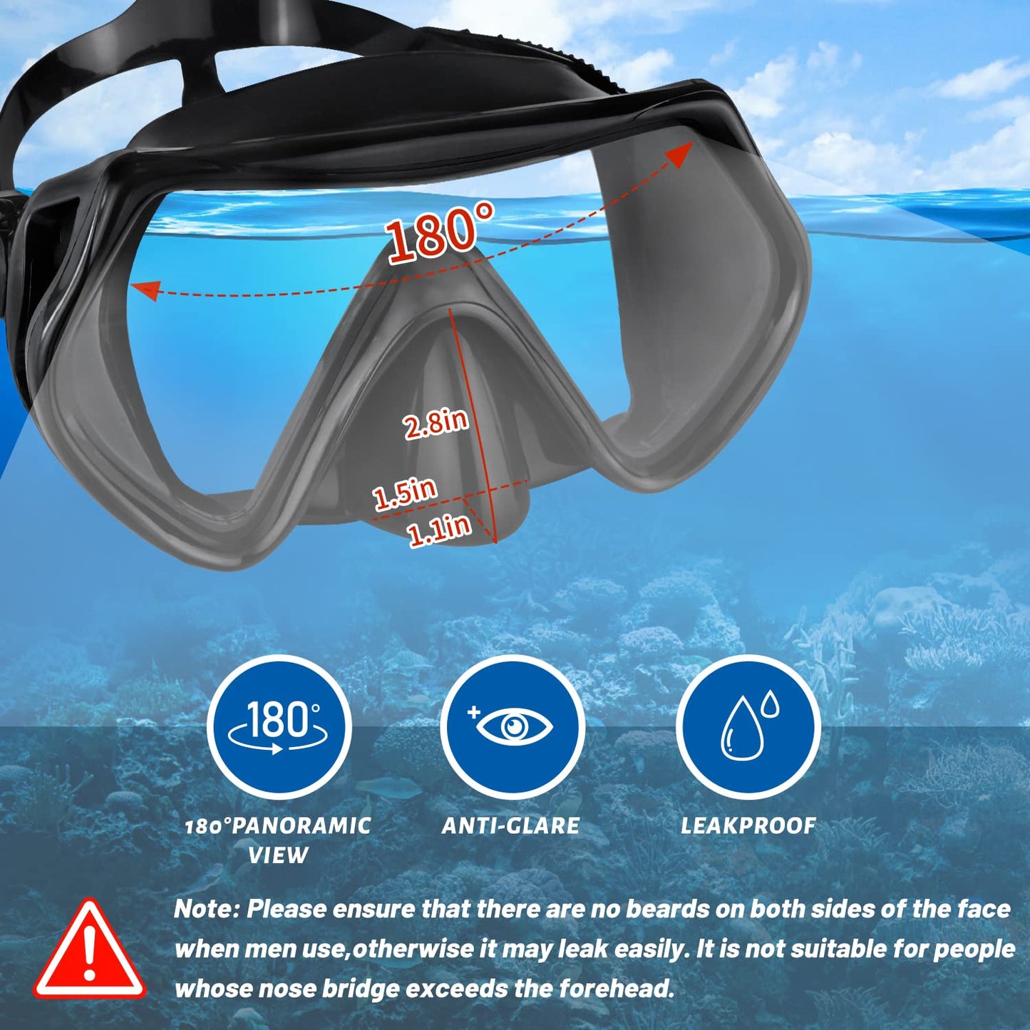 Supertrip Snorkel Mask Adult Swimming Goggles with Nose Cover for Men Women Youth, 180°Clear View Scuba Swim Mask (Black)