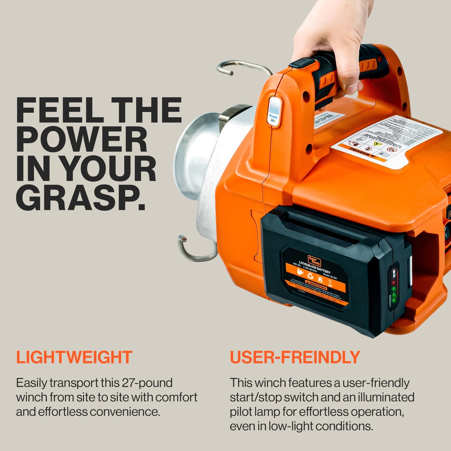 SuperHandy Electric Towing Capstan Winch Hoist Portable Cordless Brushless Motor Li-Ion Battery Powered 1000-2000 1/2-1 Ton Max Pulling Force for Forestry Hunting Off Road (100 Ft Rope Included)