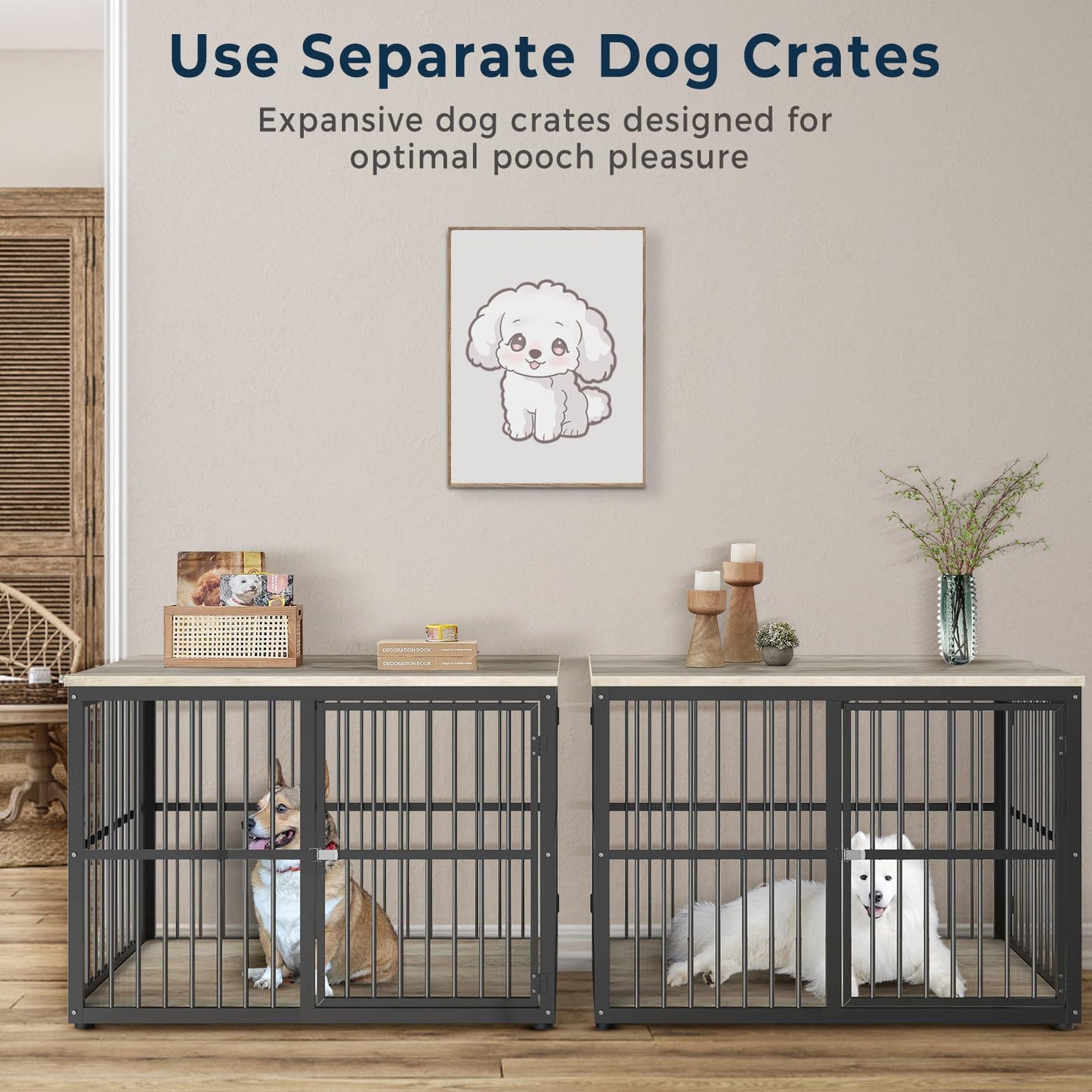 Lyromix 86.62''Dog Crate Furniture Large Breed TV Stand with Double Rooms,Wooden Dog Kennel Dog Crate End Table with Removable Divider for 2 Large Medium Dogs, Can Use Separately