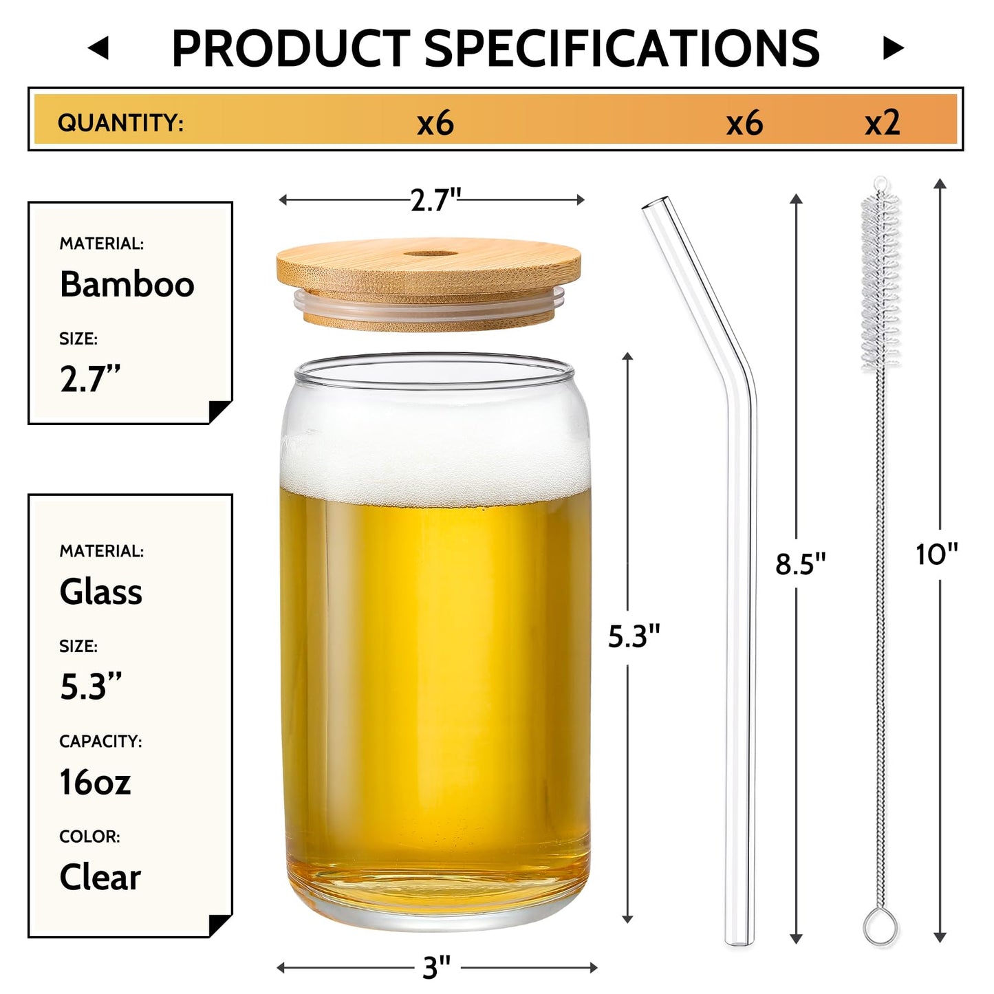 [ 6pcs Set ] Glass Cups with Bamboo Lids and Glass Straw - Beer Can Shaped, 16 oz Iced Coffee Drinking Glasses, Cute Tumbler Cup for Smoothie, Boba Tea, Whiskey, Water - 2 Cleaning Brushes