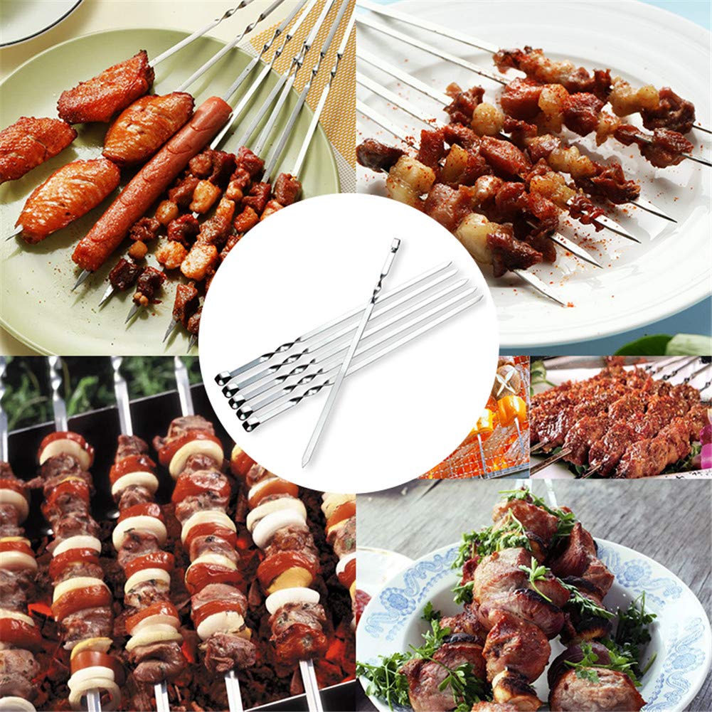 12PCS Kabob Skewers Flat Metal BBQ Barbecue Skewer 14" Long Stainless Steel Shish Kebob Sticks Wide Reusable Grilling Skewers Set for Meat Shrimp