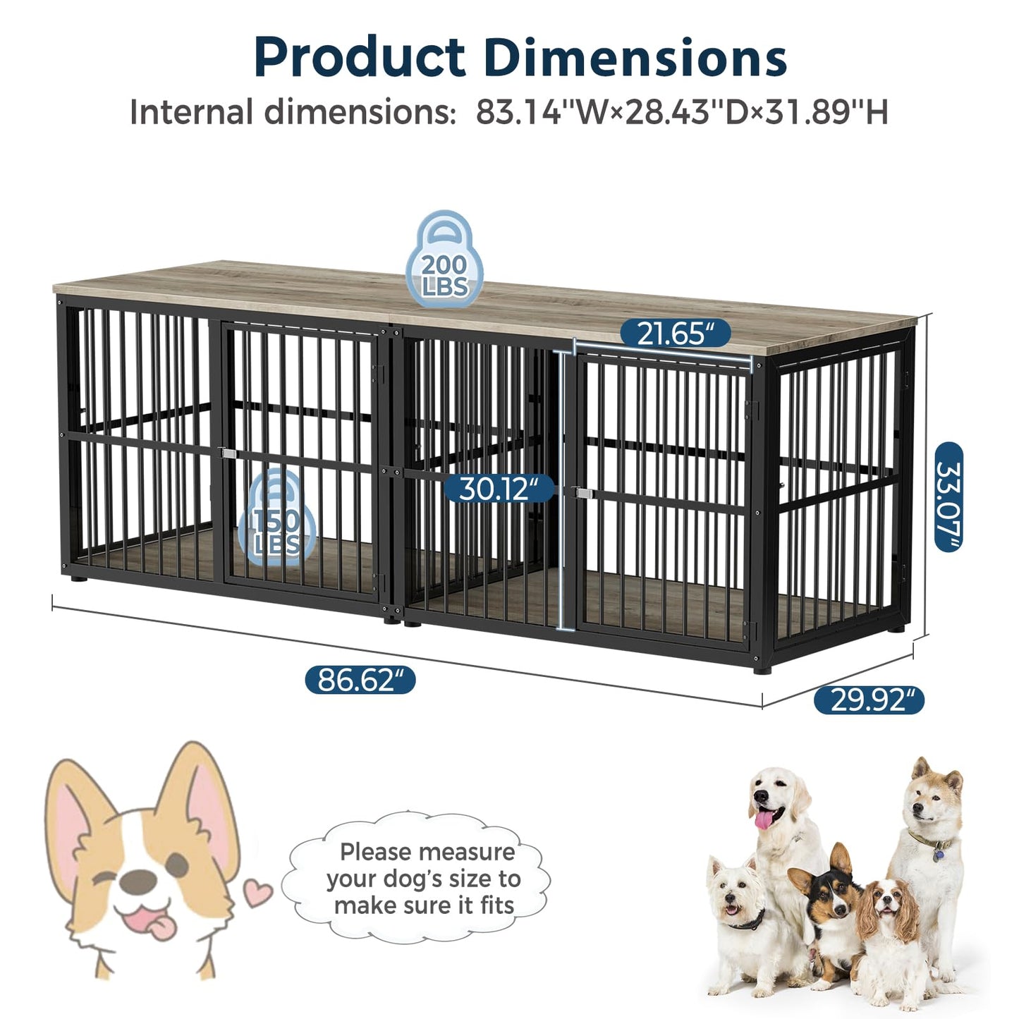 Lyromix 86.62''Dog Crate Furniture Large Breed TV Stand with Double Rooms,Wooden Dog Kennel Dog Crate End Table with Removable Divider for 2 Large Medium Dogs, Can Use Separately