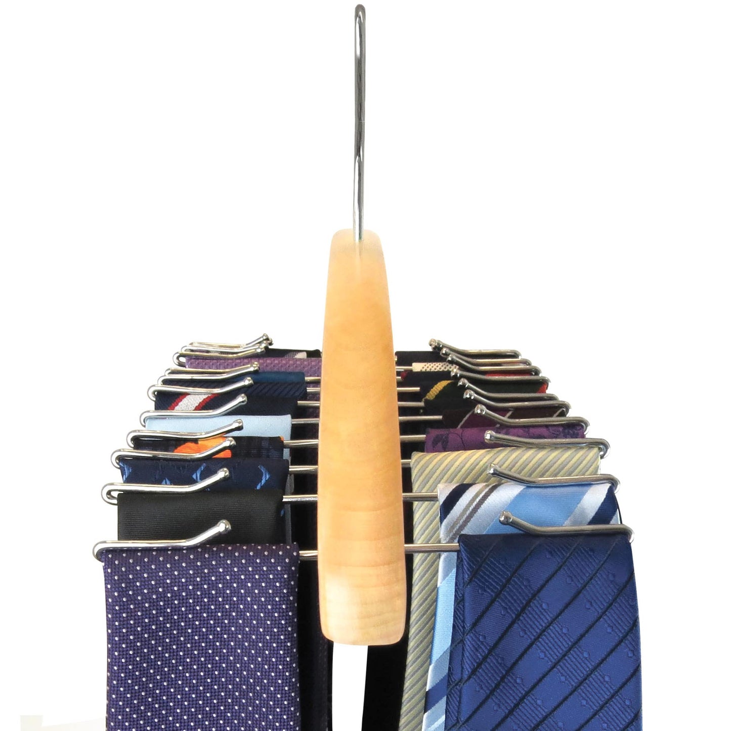 HANGERWORLD Hanging Tie Holder Organizer Rack - Premium Wooden Tie Hanger with 24 Folding Accessory Hooks for Closet Space Saving