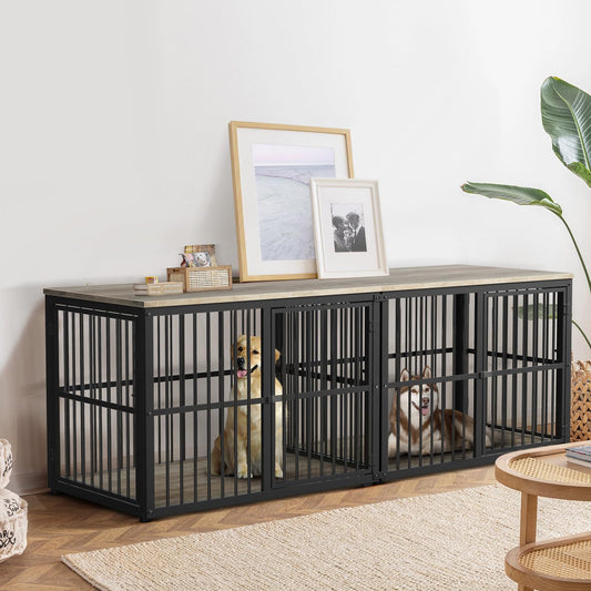 Lyromix 86.62''Dog Crate Furniture Large Breed TV Stand with Double Rooms,Wooden Dog Kennel Dog Crate End Table with Removable Divider for 2 Large Medium Dogs, Can Use Separately