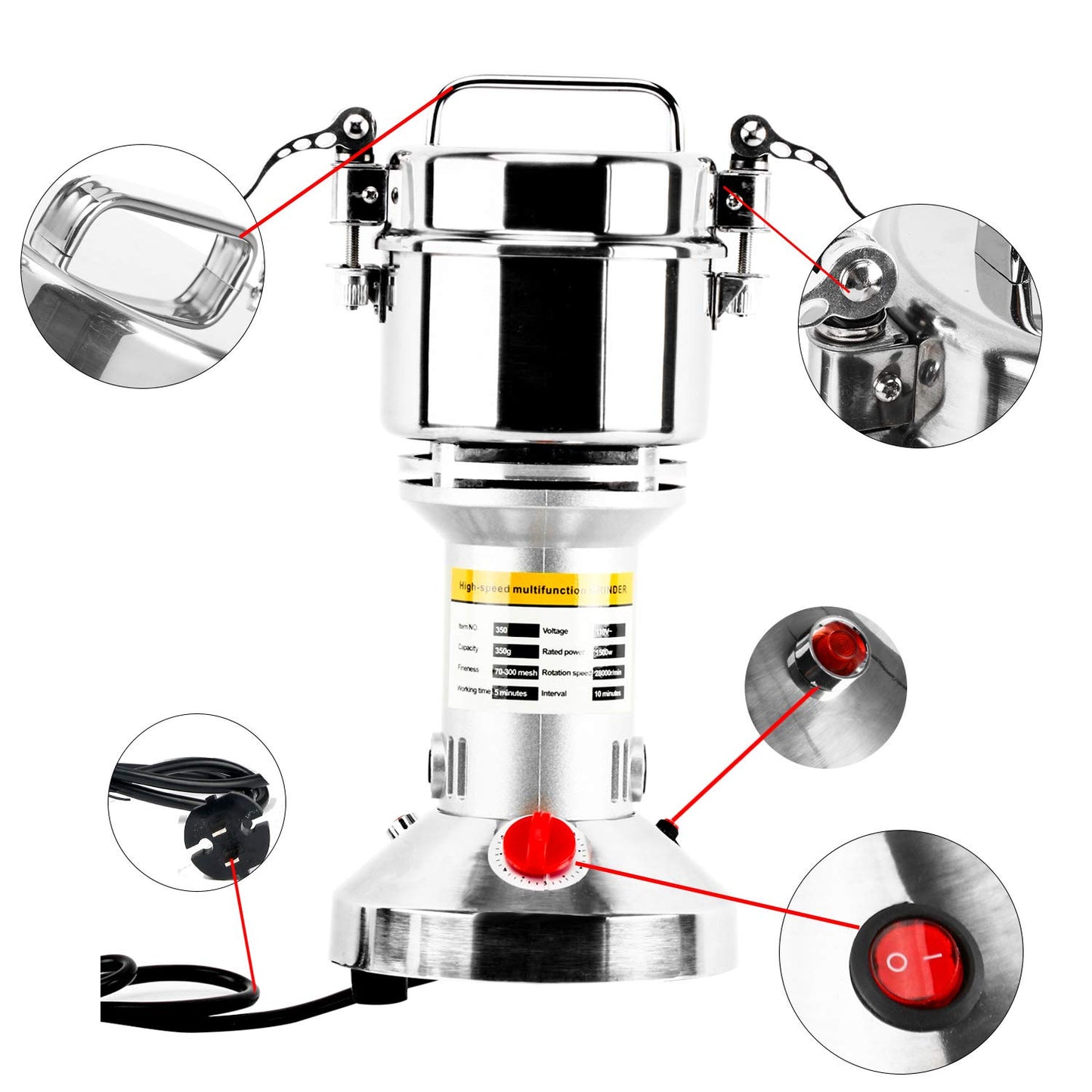 Homend High Speed 350g Electric Grain Mill Grinder Powder Machine Spice Herb Grinder 1500W 70-300 Mesh 28000RPM Stainless Steel Commercial Grade for Kitchen Herb Spice Pepper Coffee (350g)