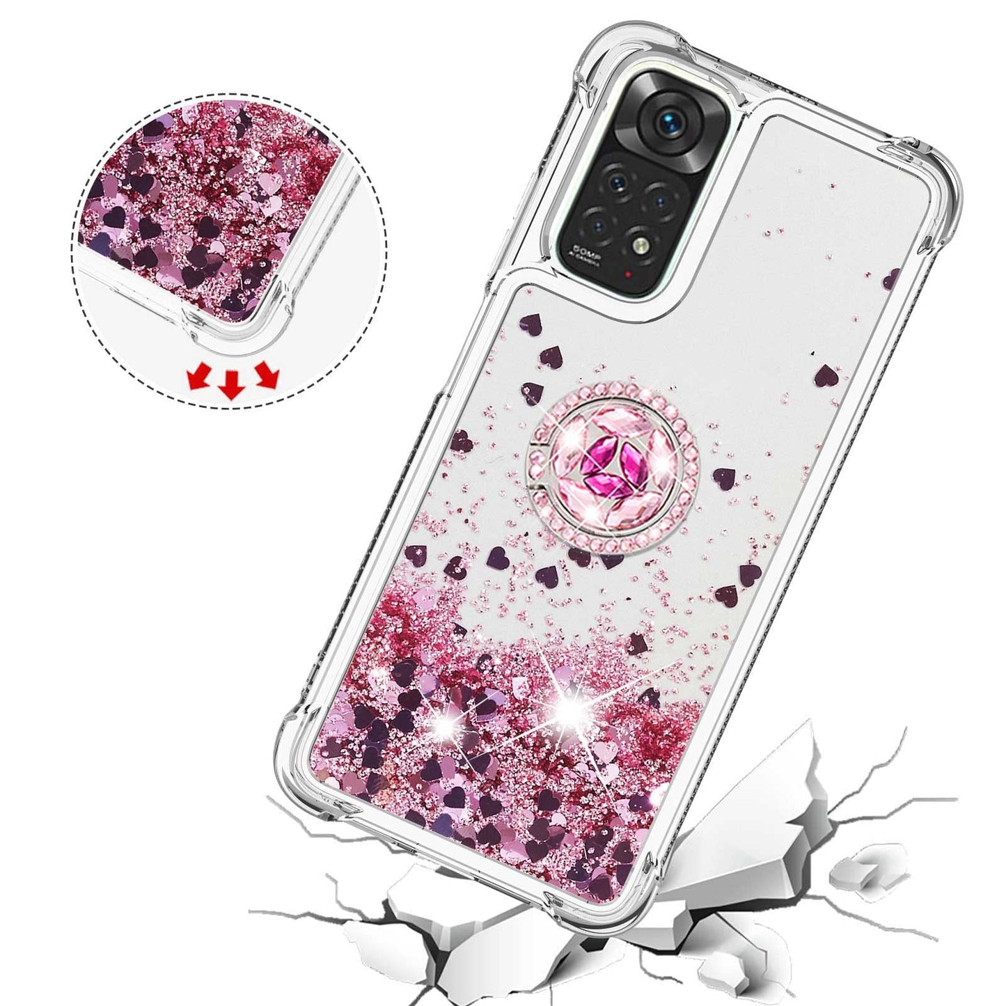 CCSmall for Xiaomi Redmi Note 11 4G Glitter Case with Ring Holder, Bling Sparkle Floating Liquid Soft TPU Cushion Fashion Clear Case Cover for Xiaomi Redmi Note 11 4G/Redmi Note 11S LSZ Rose Gold
