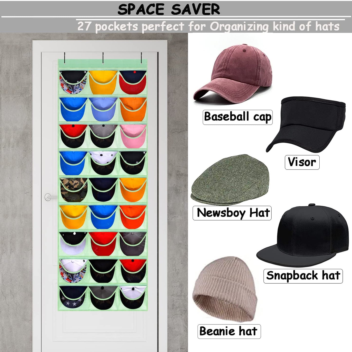 KHIKILY Baseball Hat Rack, 24 Pocket Over-The-Door Cap Organizer with Clear Deep Pockets Wall Mount Bag for Baseball Caps and Hats (Black)