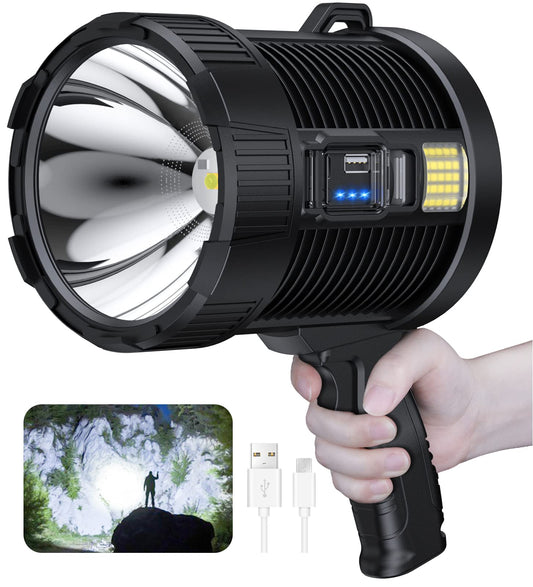 NiaoChao Rechargeable Spotlight, 990000 Lumens Led Spot Lights Handheld Large Flashlight Super Bright Outdoor Solar Spotlights Searchlight with Cob Light, 6 Modes, IPX5 Waterproof