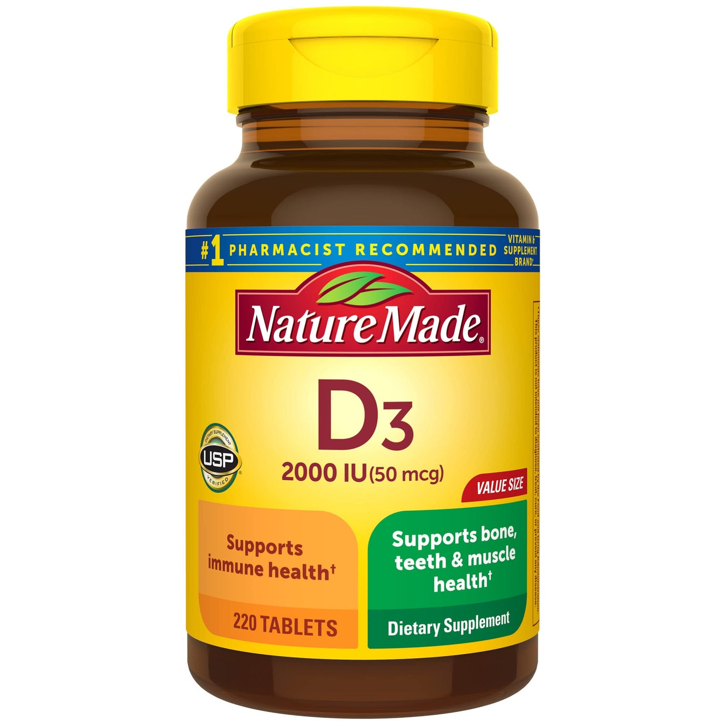 Nature Made Vitamin D3 2000 IU (50 mcg), Dietary Supplement for Bone, Teeth, Muscle and Immune Health Support, 220 Tablets, 220 Day Supply