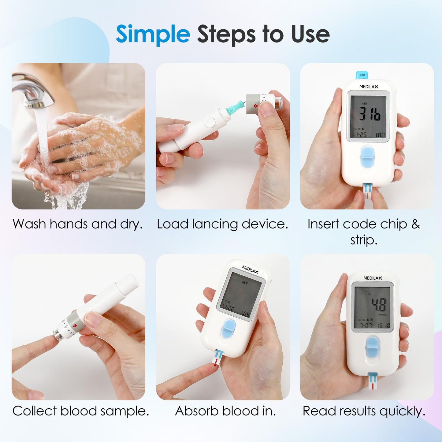 Medilax Ketone Monitor and Glucose Meter Kit - Dual Blood Sugar and Ketone Test Meter Kit with 10 Ketone Test Strips, 10 Glucose Test Strips, Lancets & Lancing Device, Strip Calibration Needed