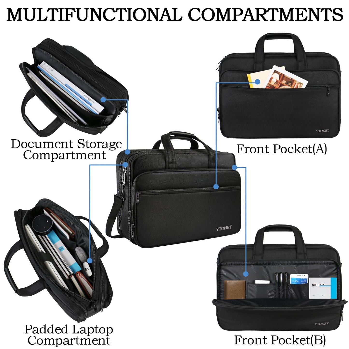 Ytonet Laptop Bag, Expandable Laptop Briefcases for Men Fits 17.3 Inch Laptop Case Computer Bags, Water Resistant Multi Compartments Mens Laptop Work Bag with Luggage Strap for Bussiness Travel, Black