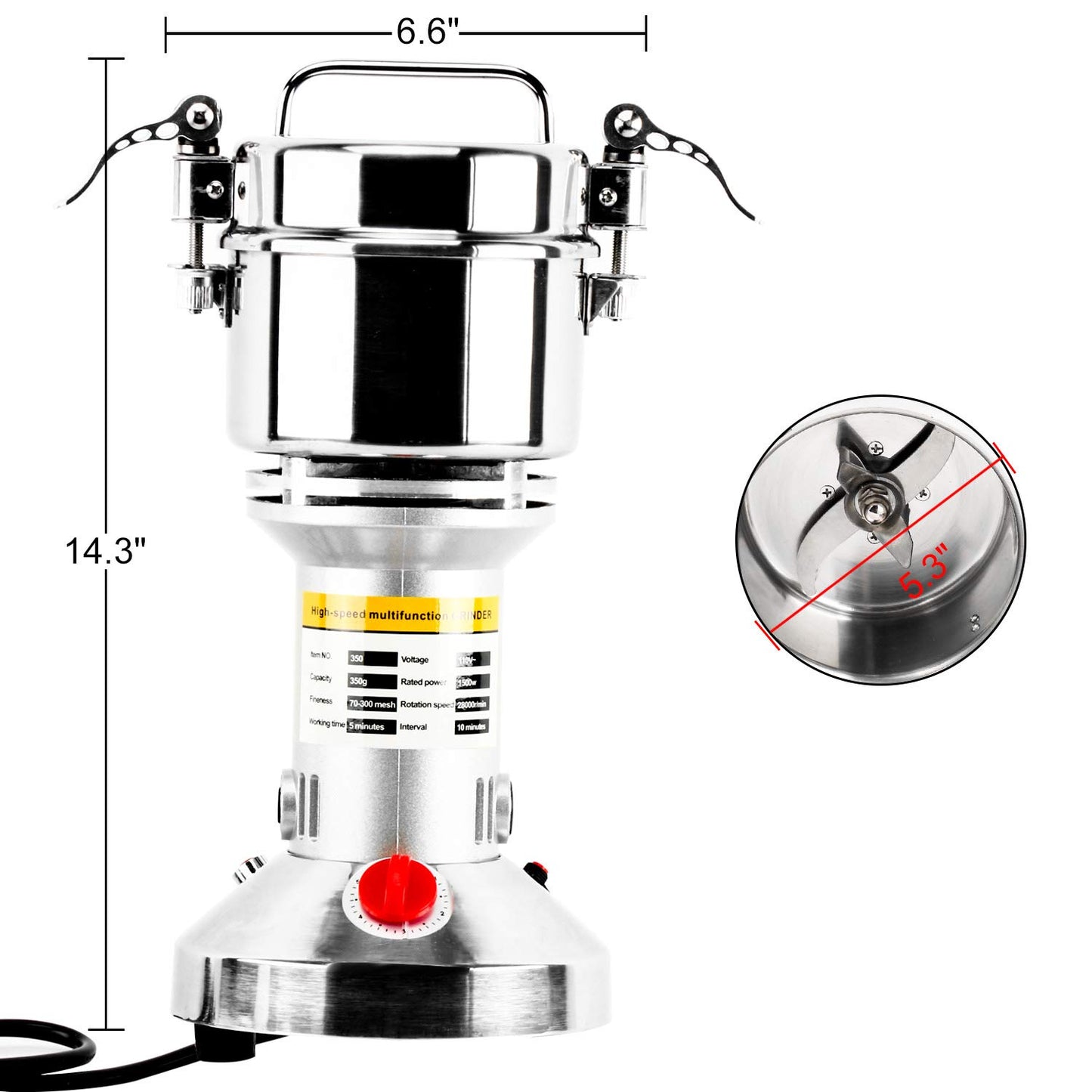 Homend High Speed 350g Electric Grain Mill Grinder Powder Machine Spice Herb Grinder 1500W 70-300 Mesh 28000RPM Stainless Steel Commercial Grade for Kitchen Herb Spice Pepper Coffee (350g)