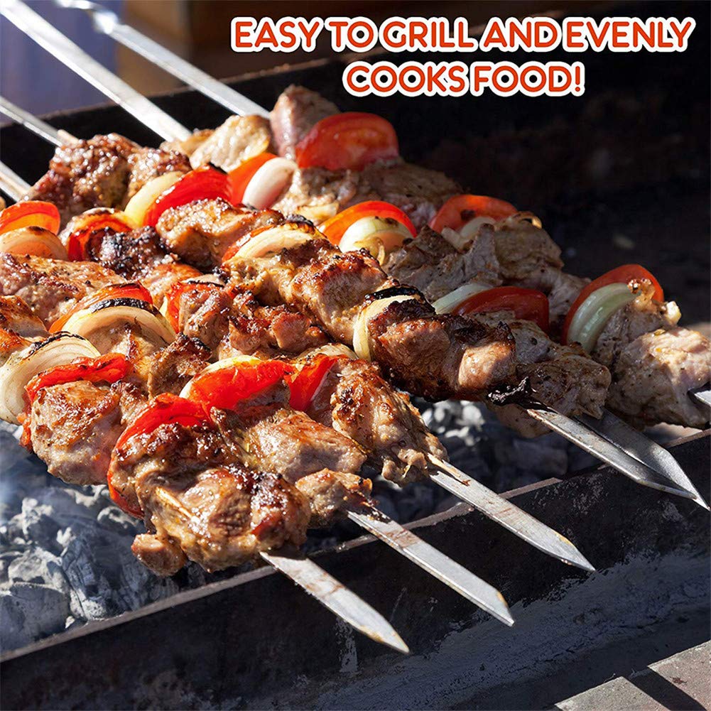 12PCS Kabob Skewers Flat Metal BBQ Barbecue Skewer 14" Long Stainless Steel Shish Kebob Sticks Wide Reusable Grilling Skewers Set for Meat Shrimp