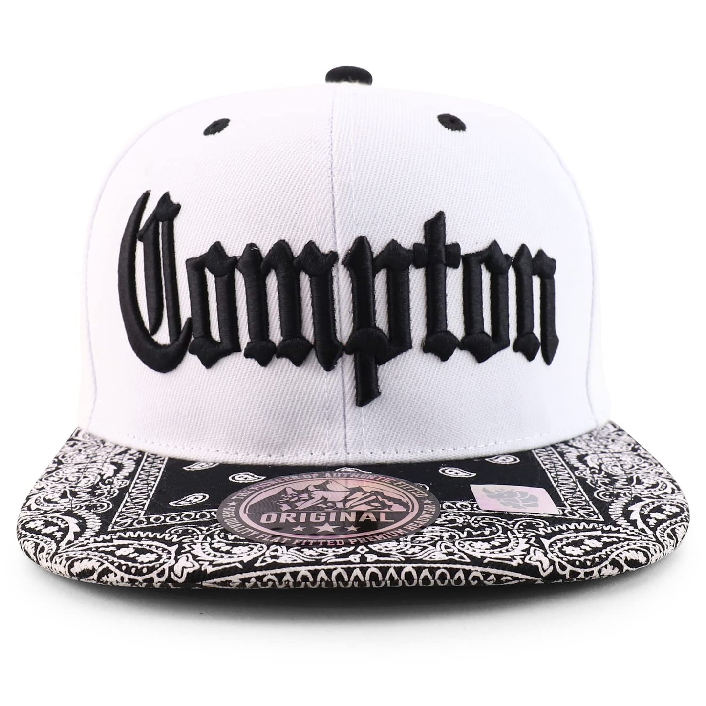 Trendy Apparel Shop Compton Old English Font Embroidered Bandana Flatbill Cap - White Black