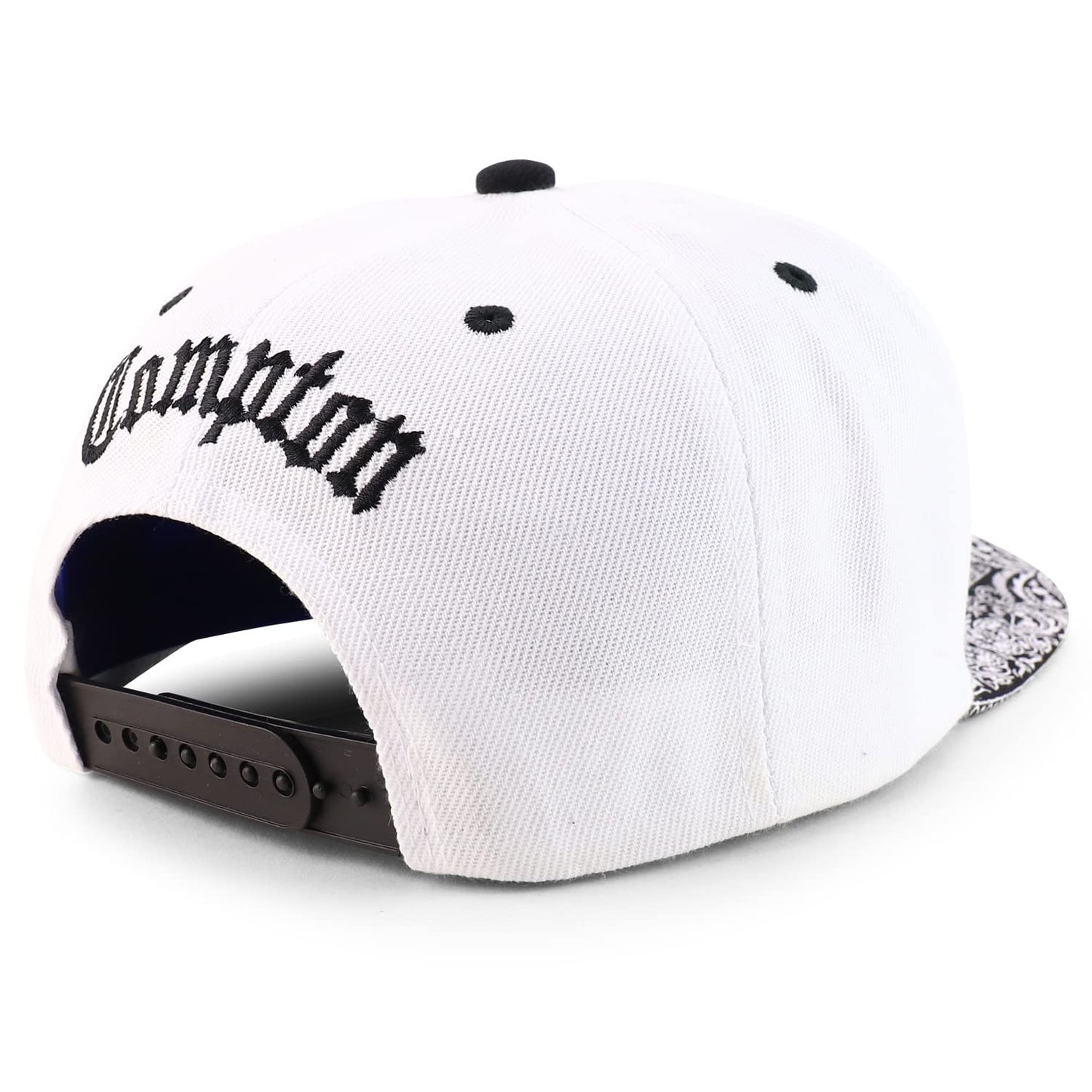 Trendy Apparel Shop Compton Old English Font Embroidered Bandana Flatbill Cap - White Black