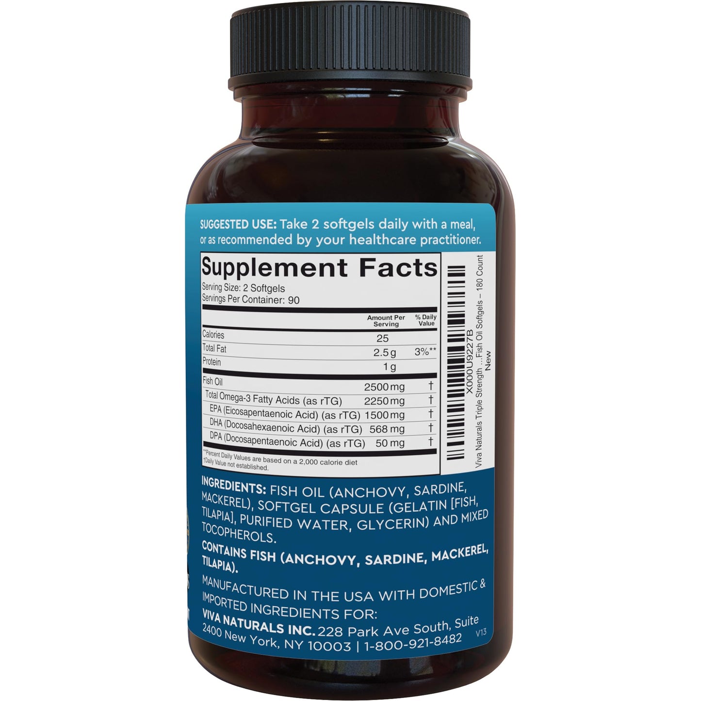 Triple Strength Omega 3 Fish Oil Supplement - 2500 mg Fish Oil Pills with Re-Esterified Omega 3 Fatty Acids Including EPA, DHA DPA - 180 Pescatarian-Friendly Softgels