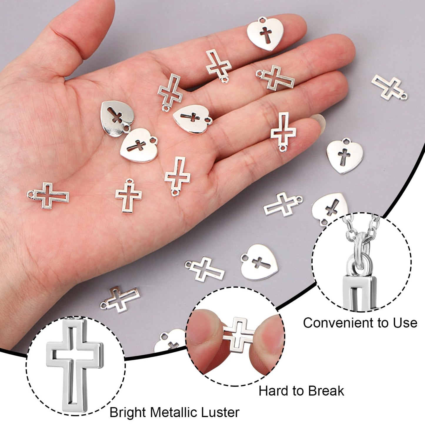 BENBO 100Pcs Silver Religious Charms Mini Cross Charms Heart Shaped Religious Charms Mini Metal Christian Charms with Box for DIY Bracelet Necklace Earrings Jewelry Making, 2 Styles